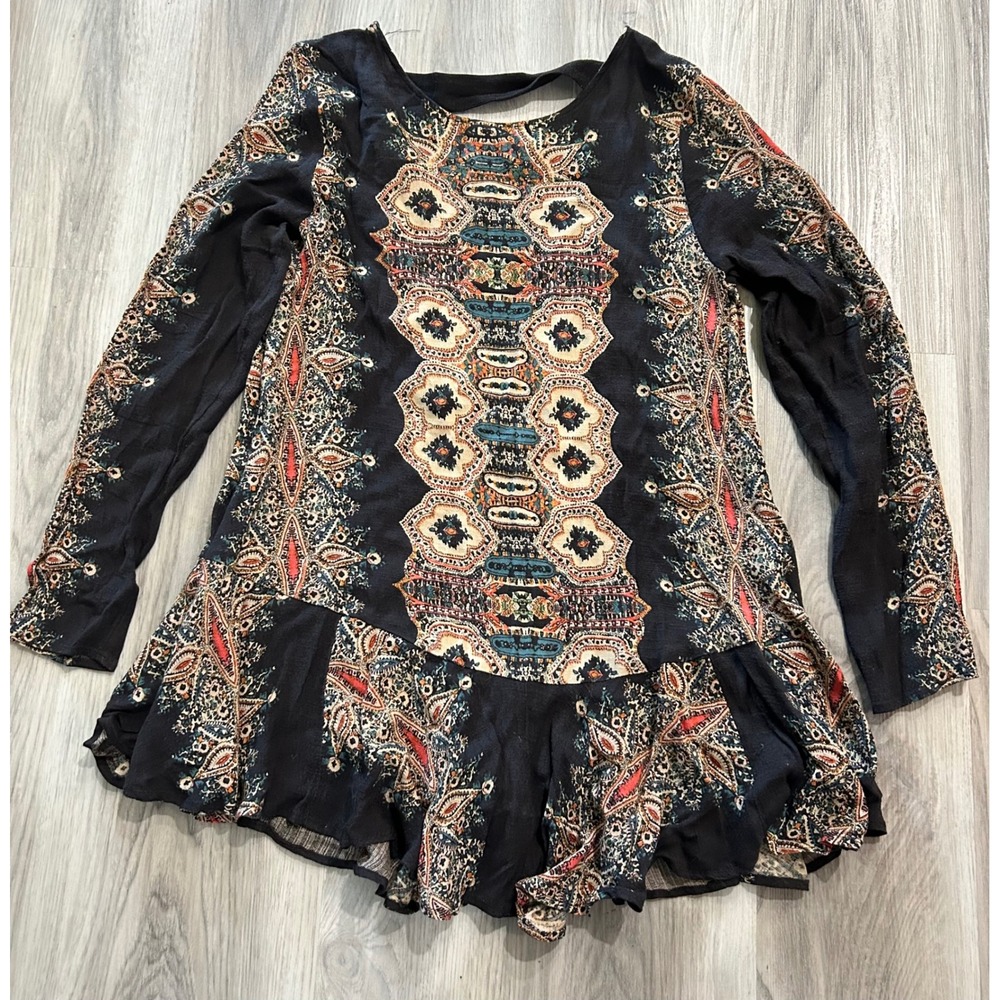 Free People Womens Voile Trapeze Slip Tunic or dress M Black Paisley Print boho